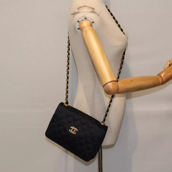 CHANEL Matelasse Stone Chain Shoulder Bag Satin Black CC Auth - Picture 1 of 16